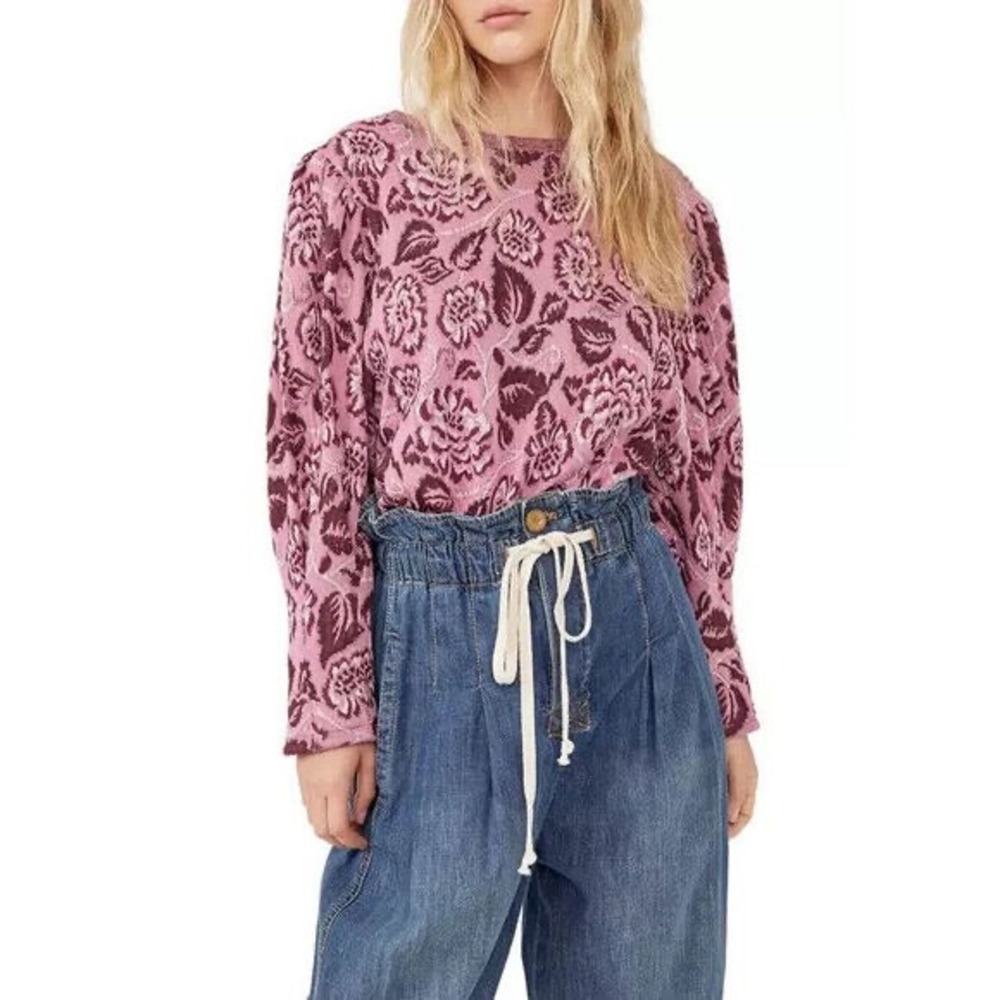 Free People No Ordinary Floral Jacquard Open Back Tie Cropped Top Mauve Large